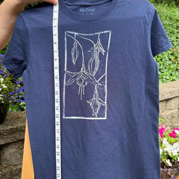 Hand Block Printed Botanical Fuschia T-Shirt – Gildan Blue Cotton Tee (Small) - Picture 5 of 6